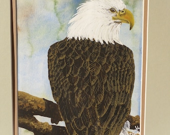 Bird, America, Blue, Brown, White, Yellow--Bald Eagle Watercolor Painting