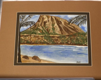 Mountain, Volcano, Ocean, Palm Tree, Landscape Watercolor Painting of Hanauma Bay, Hawaii