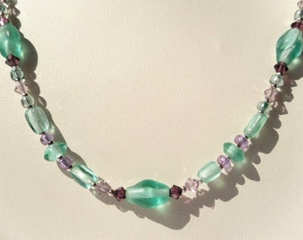 Beaded Necklace with Aqua and Purple Glass Beads and Bicone Crystals