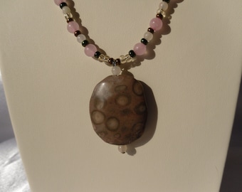 Pink, Copper and Green Beaded Necklace with Rose Quartz and Rhyolite Jasper Pendant