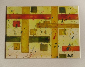 Yellow, Red and Green Squares and Rectangles--Geometric Abstract Watercolor Painting