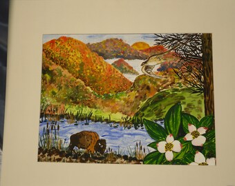 Mountains, Buffalo, Landscape, Fall Scene Watercolor Painting--Autumn's Dream