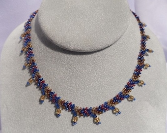 Woven Blue, Red and Gold Beaded Choker