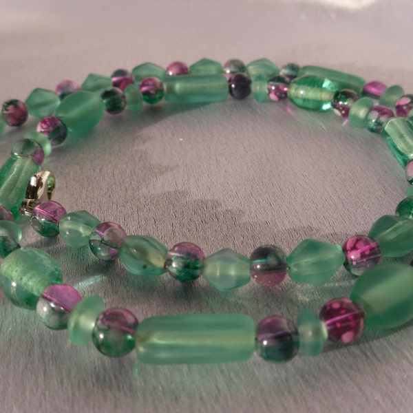 Blue Green and Purple Glass Bead Necklace