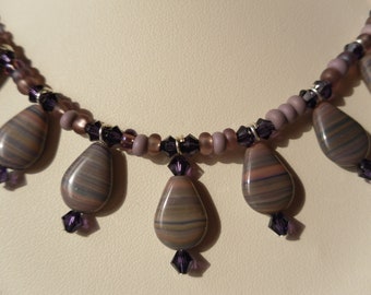 Purple Beaded Choker with Striped Purple Teardrop Bead Dangles