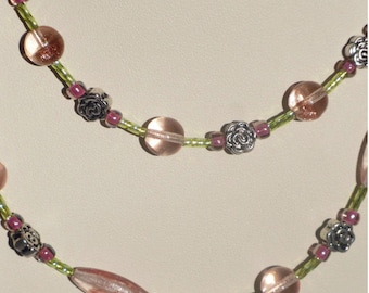 Floral Pink and Green Springtime Beaded Necklace with Dragonfly Toggle Clasp