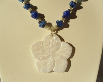 Blue and White Glass Beaded Necklace with Shell Flower Pendant