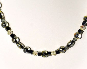 Beaded Necklace--Black, Silver and Gold Glass Choker