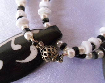 White and Black Bone Necklace with Semi-Precious Stones