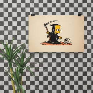 Bart Simpson as The Reaper Print – Traditional Tattoo Flash Style, Dark Humor Pop Culture Art