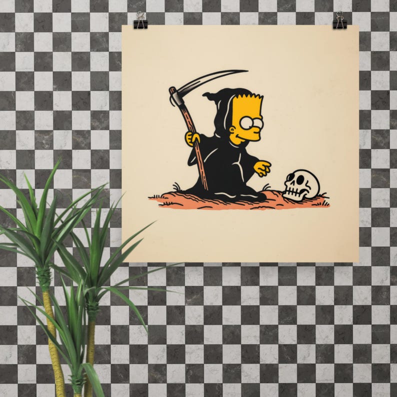 Bart Simpson as The Reaper Print – Traditional Tattoo Flash Style, Dark Humor Pop Culture Art