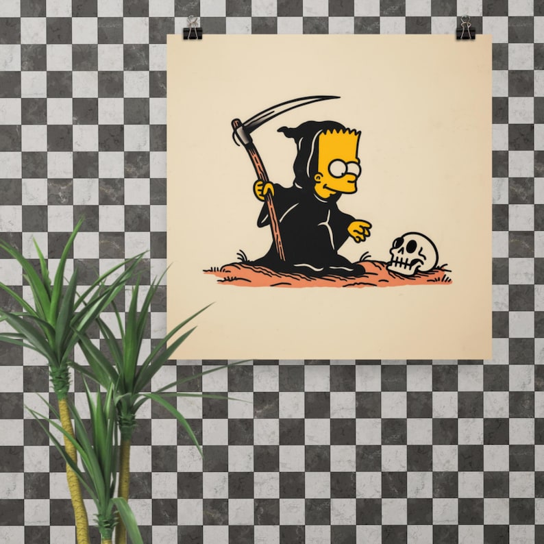 Bart Simpson as The Reaper Print – Traditional Tattoo Flash Style, Dark Humor Pop Culture Art