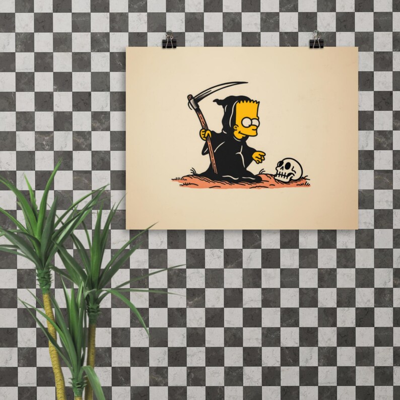 Bart Simpson as The Reaper Print – Traditional Tattoo Flash Style, Dark Humor Pop Culture Art