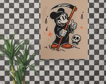 Mickey Mouse as The Grim Reaper Print – Traditional Tattoo Flash Style, Dark Pop Culture Art
