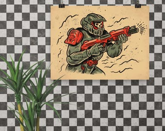ODST Soldier Art Print – Traditional Tattoo Flash Style, Halo-Inspired Orbital Drop Shock Trooper Poster