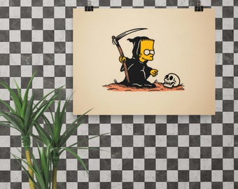 May include: A poster featuring a cartoon character dressed as the Grim Reaper, holding a scythe, with a skull beside him. The character is yellow with black clothing, set against a beige background. The poster is held by two black clips on a checkered wall.
