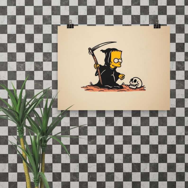 Bart Simpson as The Reaper Print – Traditional Tattoo Flash Style, Dark Humor Pop Culture Art