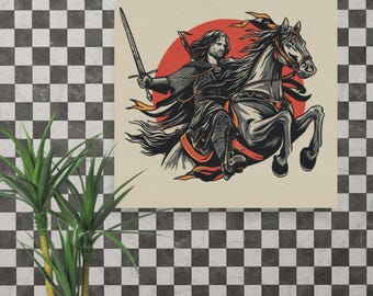 Aragorn on Horseback Battle Print – Traditional Tattoo Flash Style, LOTR-Inspired Rider Art