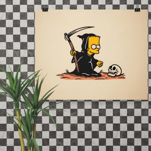 Bart Simpson as The Reaper Print – Traditional Tattoo Flash Style, Dark Humor Pop Culture Art
