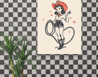 May include: A vintage-style poster featuring a cowgirl illustration. The cowgirl wears a red hat, a white shirt with a red necktie, black shorts, and cowboy boots. She holds a lasso and is surrounded by star and diamond shapes.