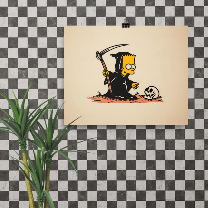 Bart Simpson as The Reaper Print – Traditional Tattoo Flash Style, Dark Humor Pop Culture Art