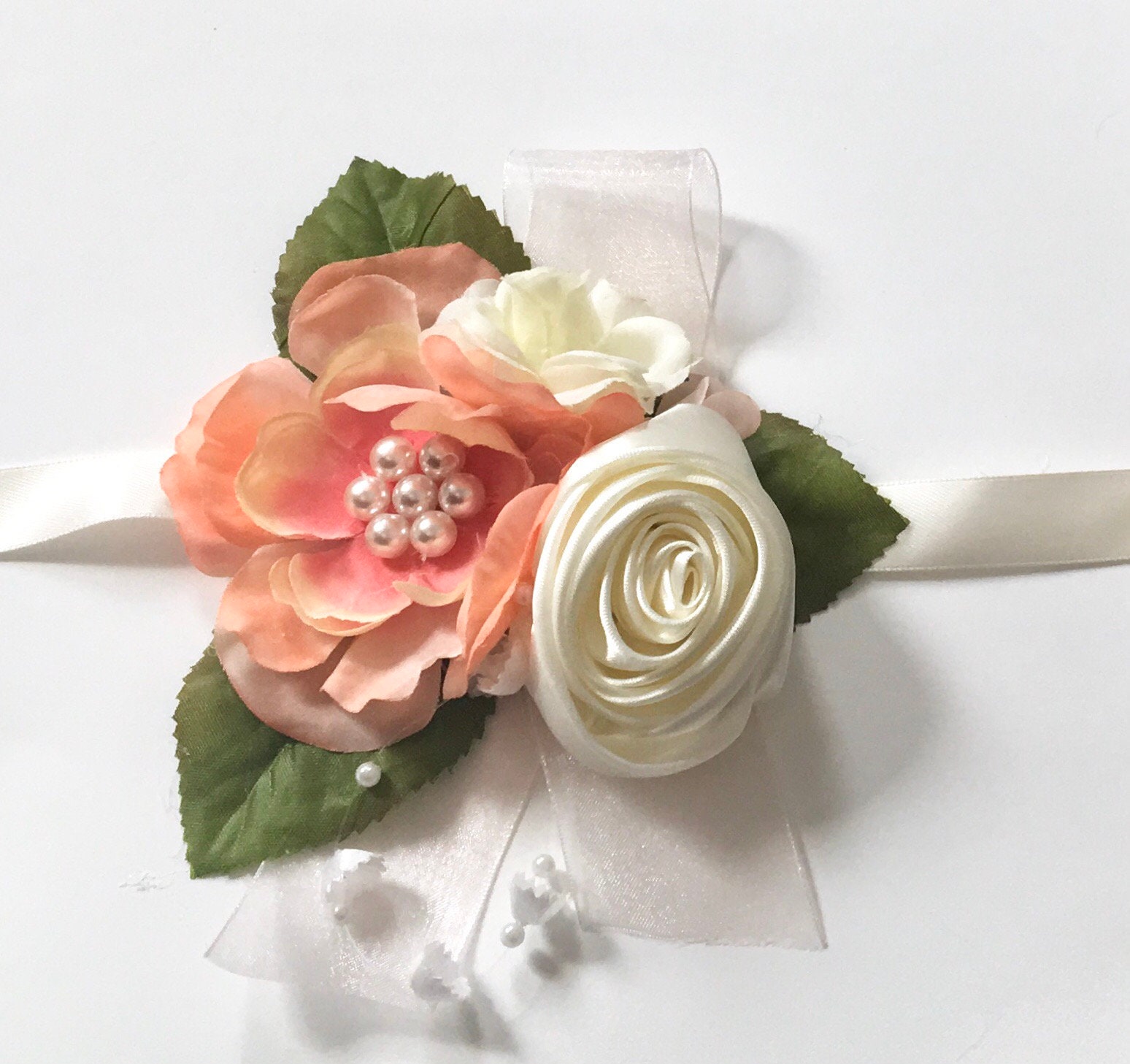 PEACH Ivory Wedding Buttonhole Pin Corsage Bridal Flower Girl Bridesmaids Satin 