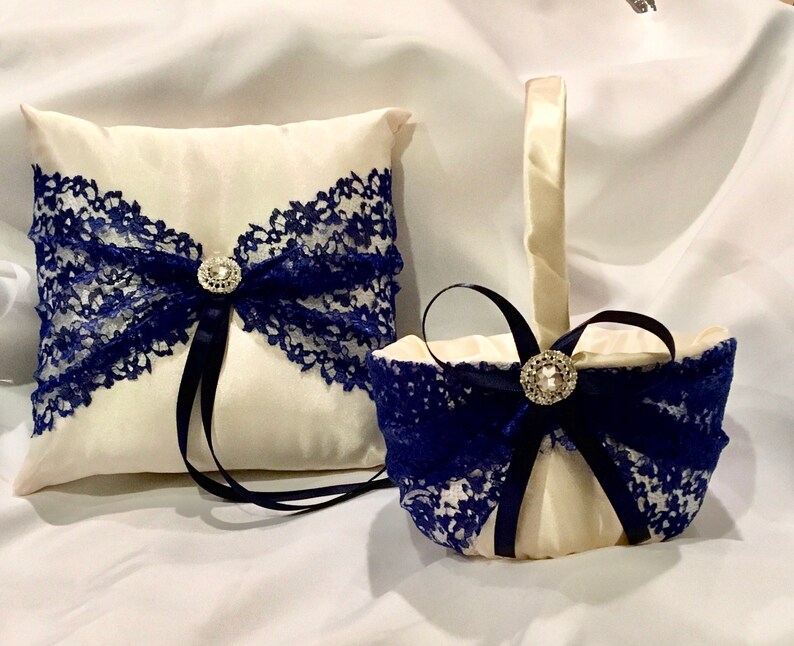 Dark blue lace on satin flower girl basket and pillow white or ivory satin custom made