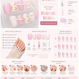 May include: A set of pink press-on nails, the Pink Bloom Heart Set, with heart and floral designs. The image shows the nails, nail glue, a nail file, and adhesive tabs. The text on the image says "100% Handmade | Reusable | Salon Quality". The nails are designed for easy application.