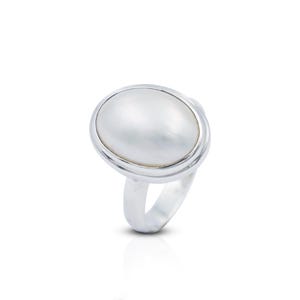 White Mabe Pearl Ring, Handmade Sterling Silver Bezel Setting