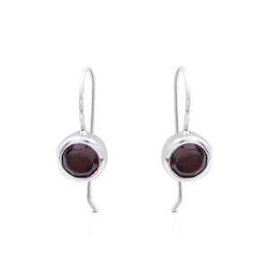 Minimalist Earrings with Red Garnet Stone set in 925 Sterling Silver, Simple Drop Earring