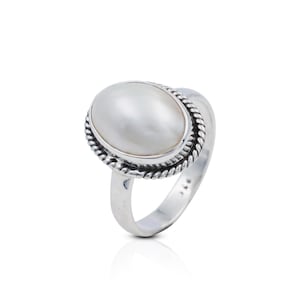 Handmade Balinese Mabe Pearl Ring, Sterling Silver Oval Statement