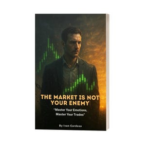 Puede incluir: Portada de libro con un hombre con traje sobre un fondo de gráficos bursátiles verdes y un cielo dorado. El título dice "THE MARKET IS NOT YOUR ENEMY" con el subtítulo "Master Your Emotions, Master Your Trades" por Ivan Cardoso.