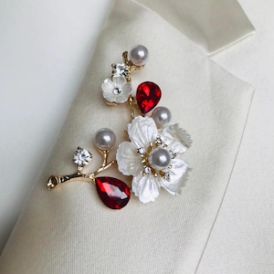 Pearl, Red, Gold, Flower Brooch, Pin, Jacket Dress Women’s Jewellery, Gift, Elegant Accessories, UK