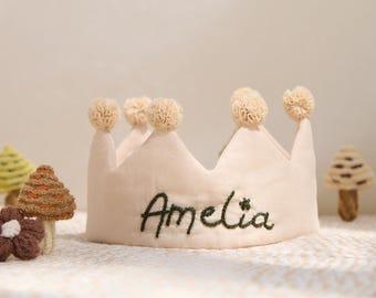Hand Embroidered Linen Crown for Kids and Children's Birthdays, Personalized Gifts, Keepsake for First Birthday Party,Neutral Birthday