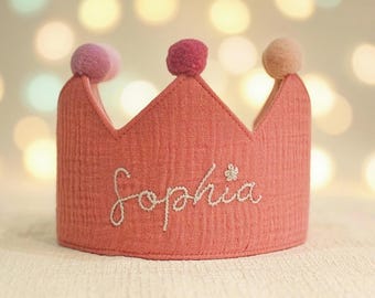 Hand Embroidered Birthday Crown for Baby and Kids – Custom Linen Crown with Name, Heirloom Tiara for First Birthday