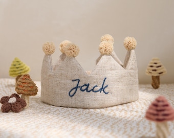 Handgeborduurde linnen kroon voor kinder- en kinderverjaardagen, gepersonaliseerde cadeaus, aandenken voor eerste verjaardagsfeestje, neutrale verjaardag