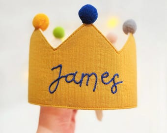 Hand Embroidered Birthday Crown for Baby and Kids – Custom Linen Crown with Name