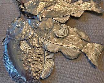 Three Aluminum Fish Ornaments--A Flounder, A Cod Fish and A Grouper