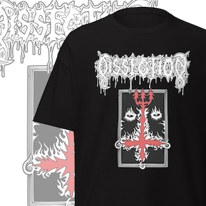 May include: Black t-shirt featuring the word "DISSECTION" in a dripping, gothic font. The shirt's graphic includes a red trident and a stylized illustration of a face with flames. The design is repeated in a smaller, faded version.