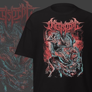 May include: Black t-shirt featuring a detailed, red and blue graphic of a creature with the word "ARCHSPIRE" in red stylized text above it. The design has a dark, gothic theme.