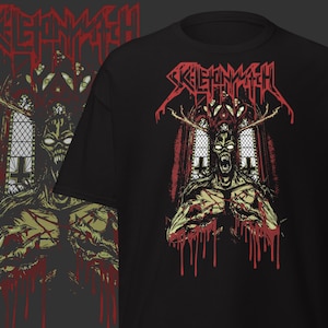 Puede incluir: Camiseta negra con un diseño gráfico. El texto "SKELETONWITCH" está en rojo sobre una ilustración detallada de una figura demoníaca con cuernos, sobre un fondo de ventana de iglesia. El diseño incluye gotas rojas parecidas a sangre.