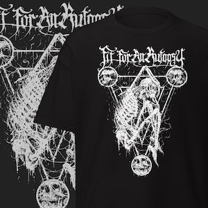 May include: Black t-shirt with a white graphic featuring the text "Fit for an Autopsy" in a gothic font. The design includes a skeletal figure within a triangle, surrounded by skulls and geometric shapes.