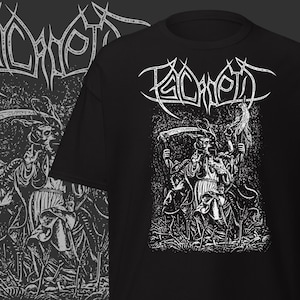 May include: Black t-shirt with a white graphic depicting a grim reaper figure with a scythe and a flaming torch. The word "Psychomet" is printed above the graphic in a stylized font. The design has a dark, gothic theme.