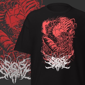 May include: Black t-shirt featuring a red graphic design of a creature with intricate details and the text "SIGNS OF THE SWARM" in white. The design is a detailed illustration with a dark, gothic theme.