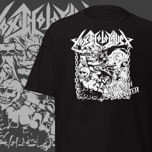 May include: Black t-shirt with a white graphic design featuring skulls, chains, and a monster-like figure. The text "DEATH MASTER" is visible. The shirt has a crew neck and short sleeves. A similar design is on the left side.