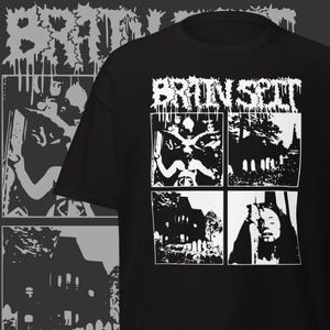 Könnte beinhalten: Schwarzes T-Shirt mit dem Wort "BRAINSPLIT" in weißer, stilisierter, tropfender Schrift. Das Shirt hat vier weiße grafische Quadrate mit verschiedenen Illustrationen. Der Hintergrund hat ein grau-weißes Design mit dem Wort "BRAIN" in tropfender Schrift.