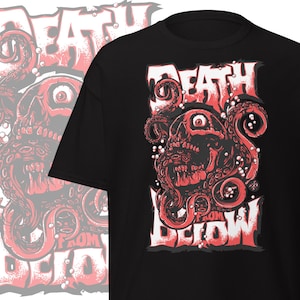 May include: Black t-shirt featuring a red octopus design with the words "DEATH FROM BELOW". The octopus has one large eye and tentacles. The design is a bold, graphic illustration.