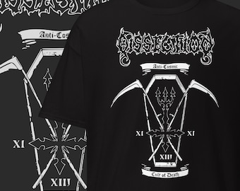 May include: Black t-shirt with a white graphic design. The design includes the word "Dissection" in a stylized font, along with the words "Anti-Cosmic" and "Cult of Death". The graphic also features a coffin shape with scythes and the Roman numerals XI and XIII.
