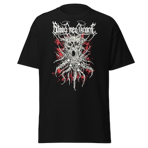 May include: Black t-shirt featuring a white and red graphic design. The design includes the text "Blood Red Throne" in a gothic font above a detailed, abstract illustration with red splatter effects.