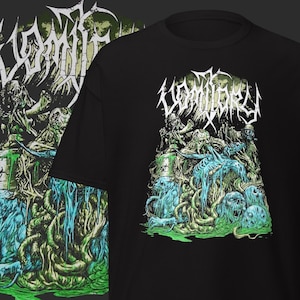 May include: Black t-shirt featuring the word "VOMITORY" in a white, gothic font above a graphic illustration. The illustration depicts grotesque figures, skulls, and a green and blue color scheme.